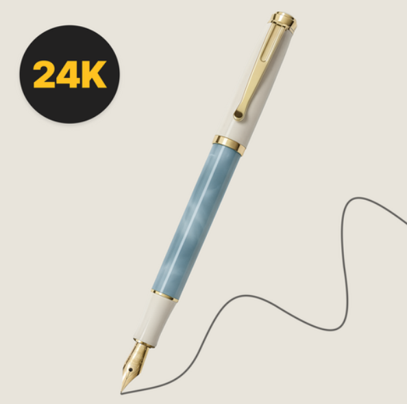A Pastel Blue Penora 02 fountain pen with an ivory cap and gold trim